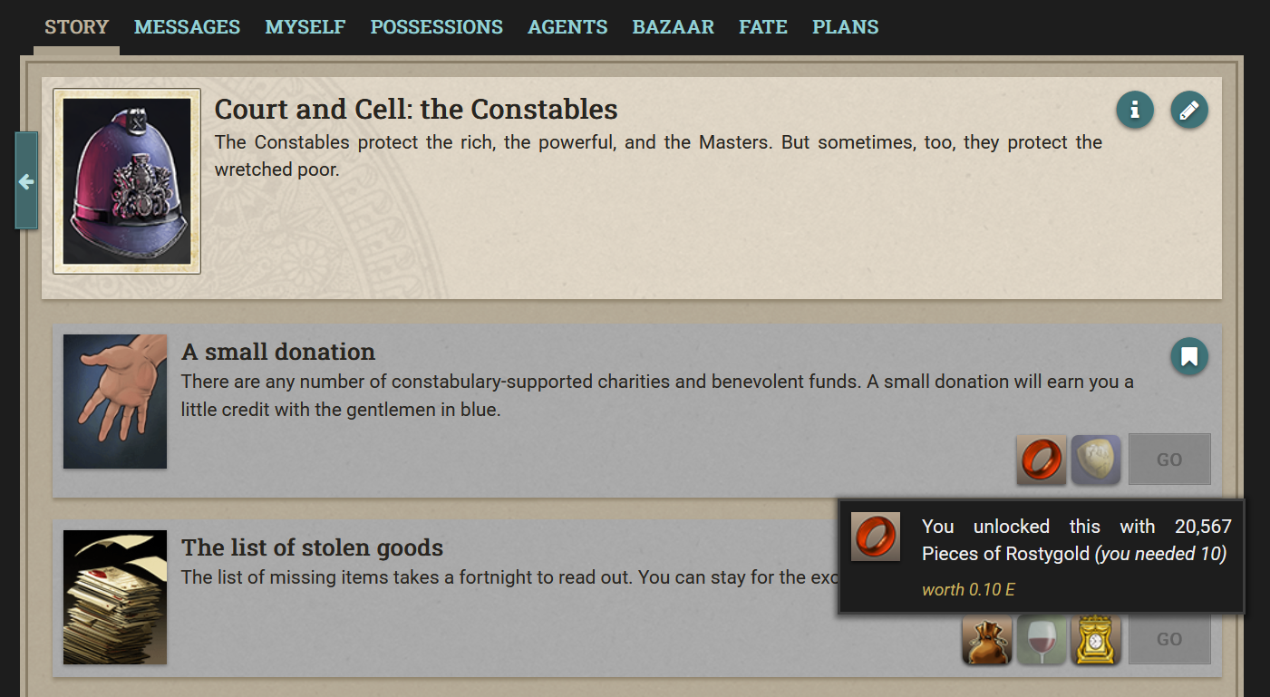 Branch cost preview — echo cost tooltip on a quality requirement icon